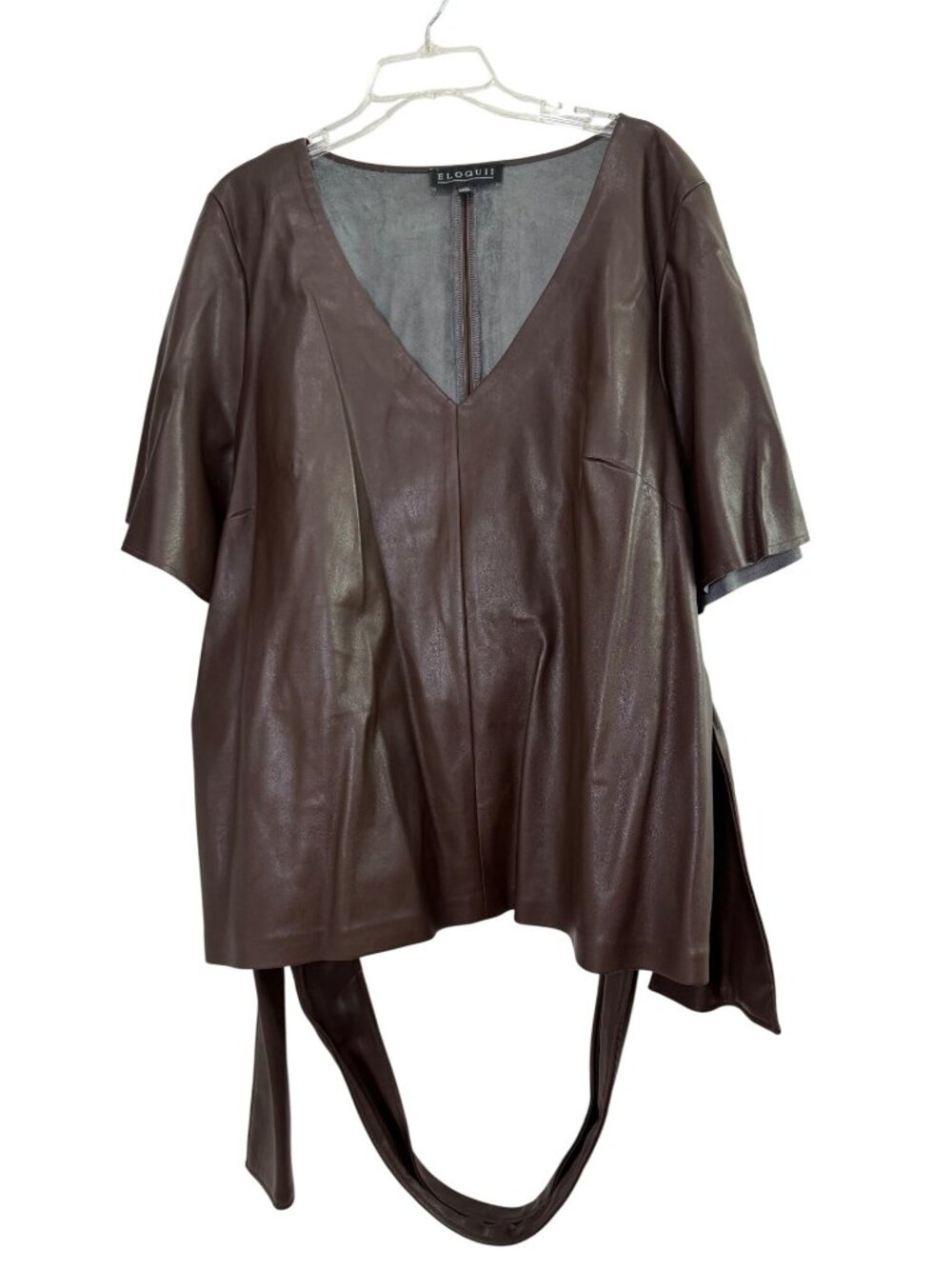 Eloquii Brown Faux Leather Short Sleeve Tunic Top With Tie Detail Size 18